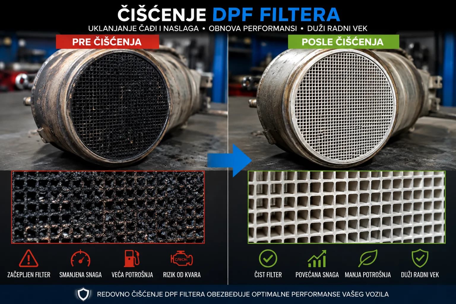 Poređenje DPF filtera pre i posle čišćenja — zapušene ćelije pune čađi sa leve i očišćene, prohodne ćelije sa desne strane